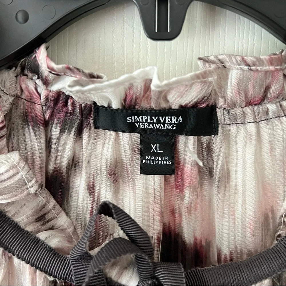 SIMPLYVERA Vera Wang Smocked Watercolor Chiffon Long Sleeves Tie Front Blouse XL - Picture 5 of 15